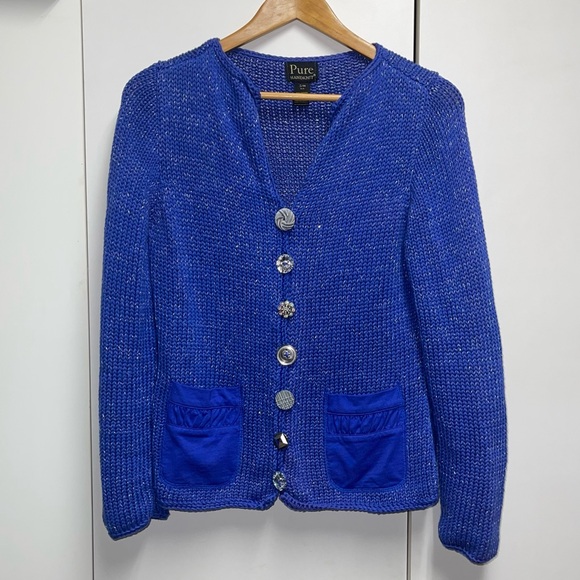 Pure Handknit Chunky Cardigan Button Up Knit Sweater Marled Blue & Silver S/M - Picture 2 of 6